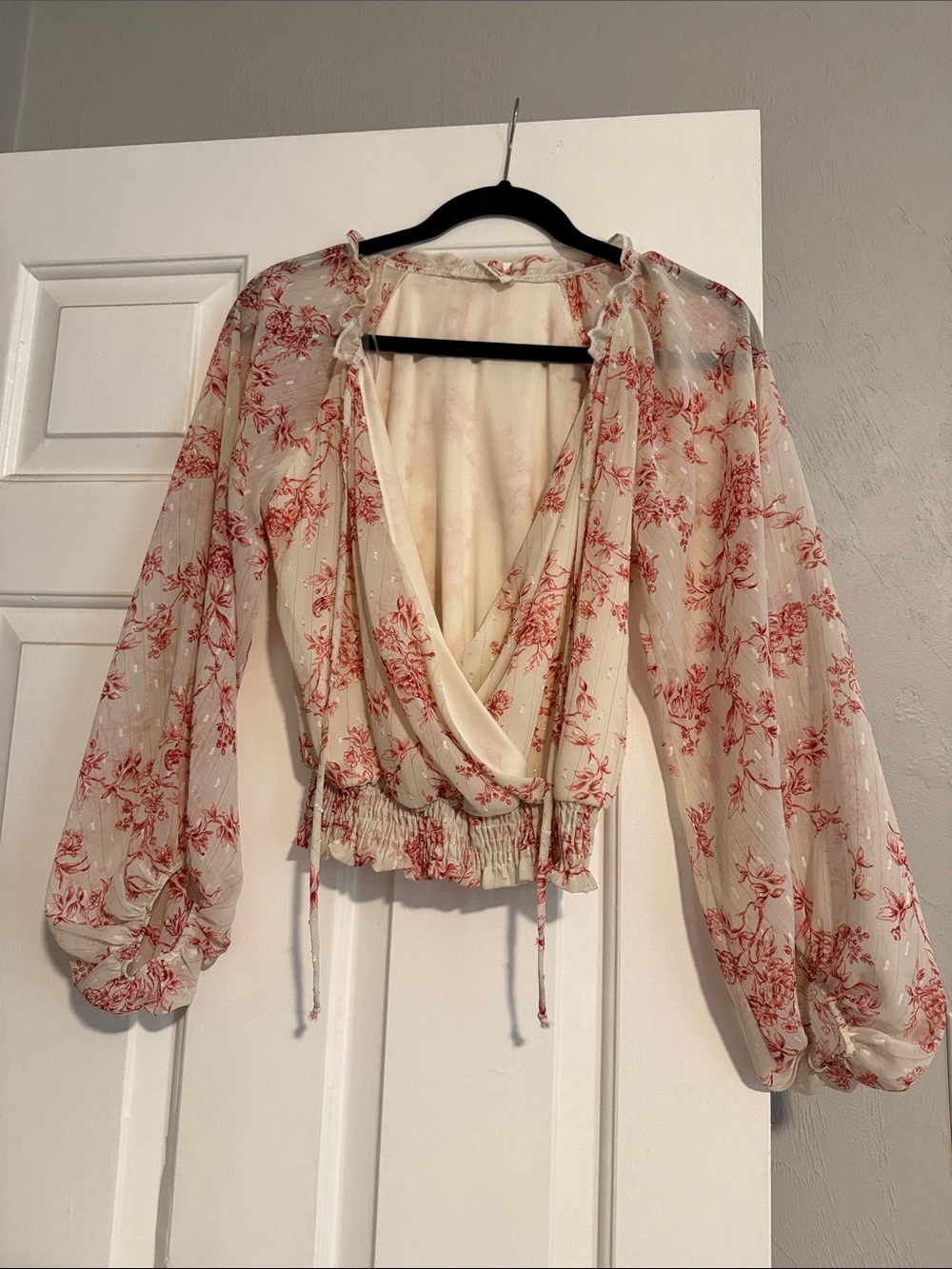 Peach Love California Cream Blouse with Red Floral Print